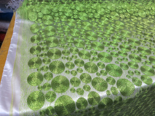 Lime Metallic Circles Lace Fabric # ZS001