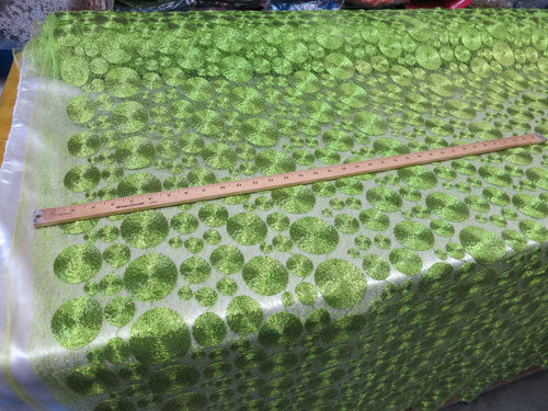 Lime Metallic Circles Lace Fabric # ZS001