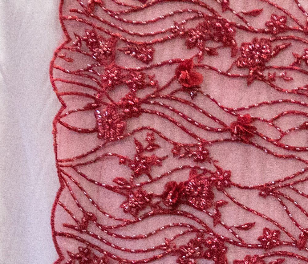 Bridal 3D Floral Embroidered Mesh Fabric , Red Flower Bridal Embroidered  Net Fabric