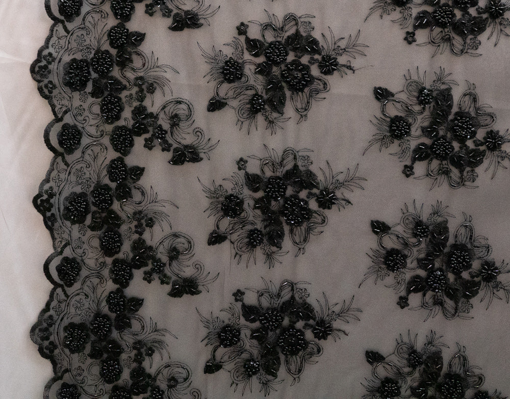 ONE Yard (Black) Hand Beaded Lace Fabric Embroidery Mesh Floral Lace With Sequins retailer AND Flowers /Wedding Prom Dress/ Night Gowns/ Tablecloths.