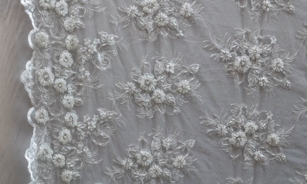 ONE Yard (White) Hand Beaded Lace Fabric Embroidery Mesh Floral Lace With Sequins AND Flowers /Wedding Prom Dress/ Night deals Gowns/ Tablecloths.