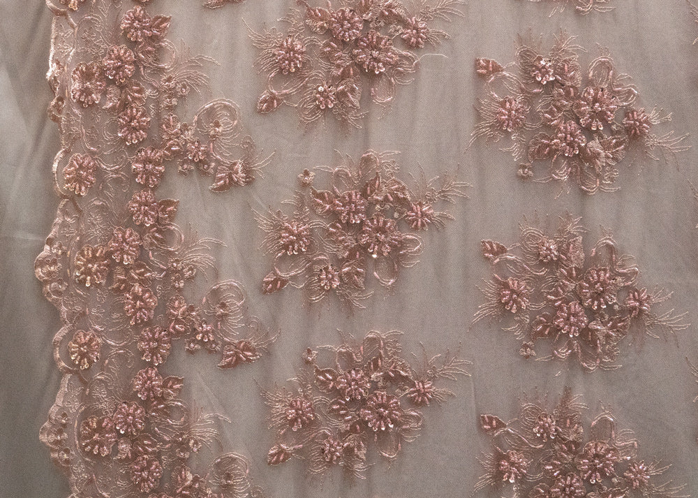Pink beaded floral lace fabric - 3D lace & embroidery - lace
